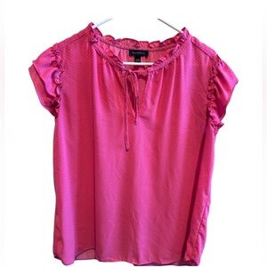 Tamara H Pink Black Dot Blouse Ruffle Cap Sleeve Neck Tie shirt Sz XL